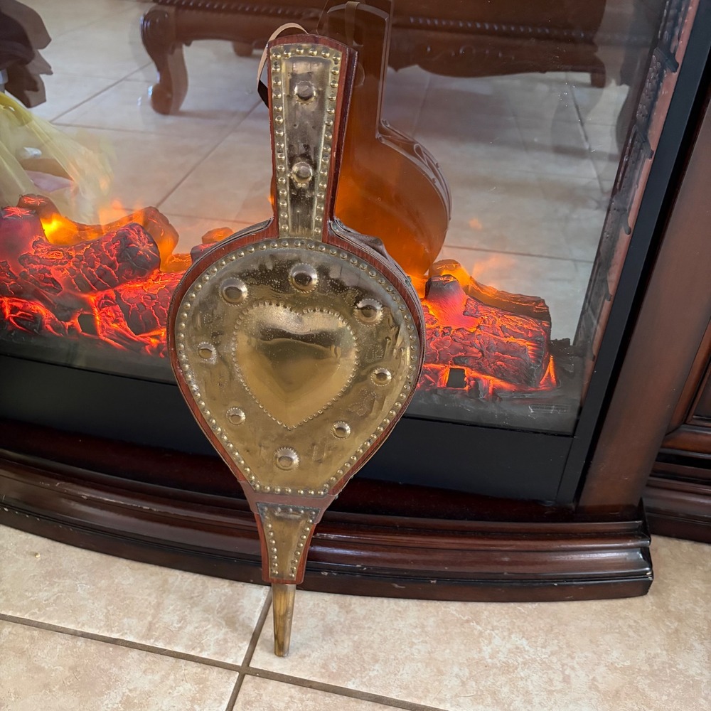 Vintage Brass Heart Fireplace Bellows handcrafted Wood Leather Copper 20"